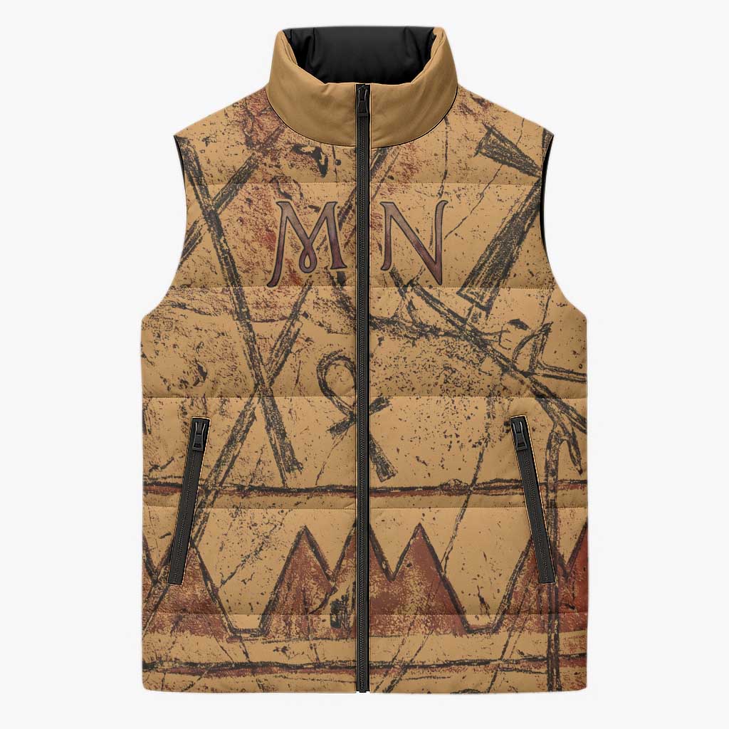 Min Ancient Egyptian Sleeveless Puffer Jacket Fertility Symbol Sandstone Ankh Pyramid Pattern