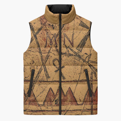 Min Ancient Egyptian Sleeveless Puffer Jacket Fertility Symbol Sandstone Ankh Pyramid Pattern