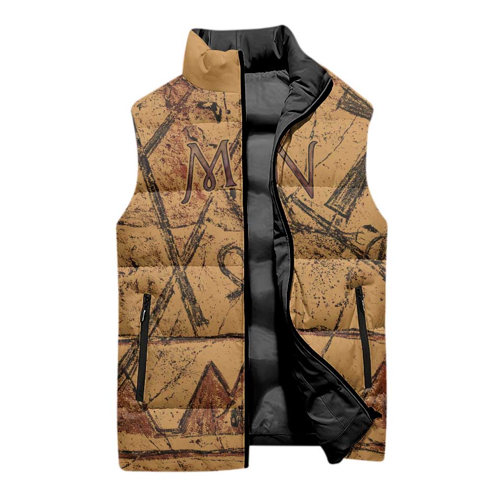 Min Ancient Egyptian Sleeveless Puffer Jacket Fertility Symbol Sandstone Ankh Pyramid Pattern