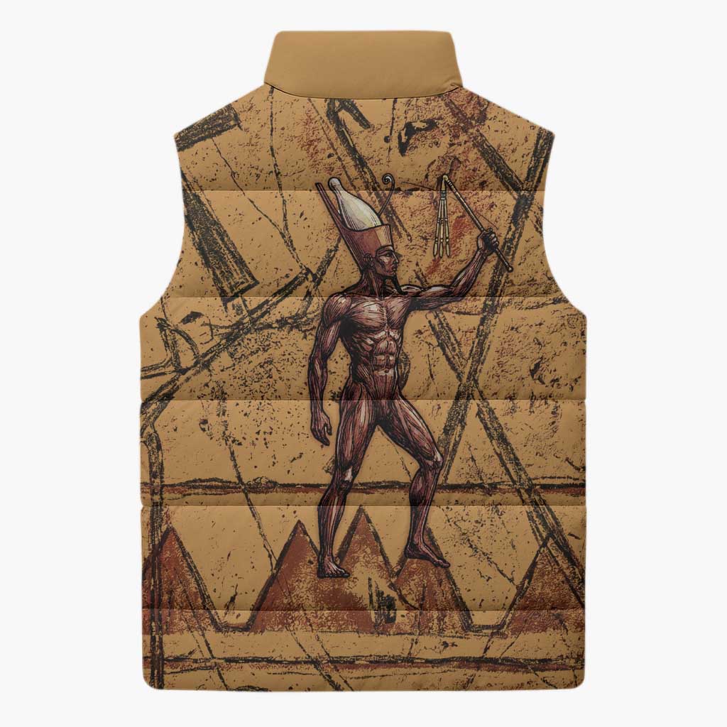Min Ancient Egyptian Sleeveless Puffer Jacket Fertility Symbol Sandstone Ankh Pyramid Pattern