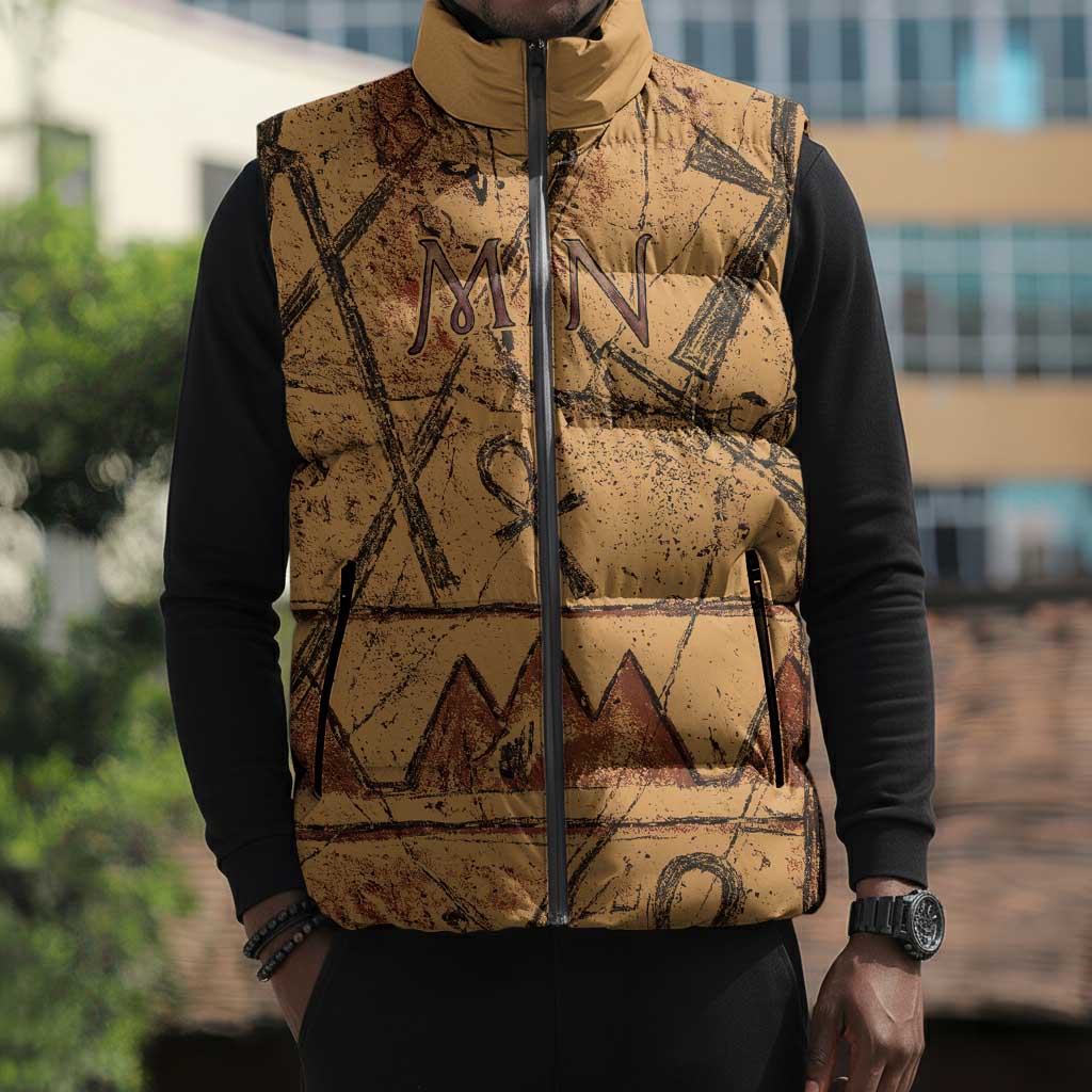 Min Ancient Egyptian Sleeveless Puffer Jacket Fertility Symbol Sandstone Ankh Pyramid Pattern