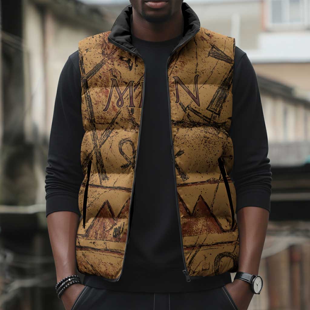 Min Ancient Egyptian Sleeveless Puffer Jacket Fertility Symbol Sandstone Ankh Pyramid Pattern