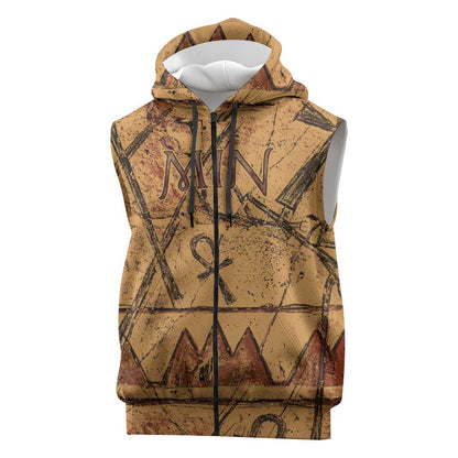 Min Ancient Egyptian Sleeveless Zip Hoodie Fertility Symbol Sandstone Ankh Pyramid Pattern