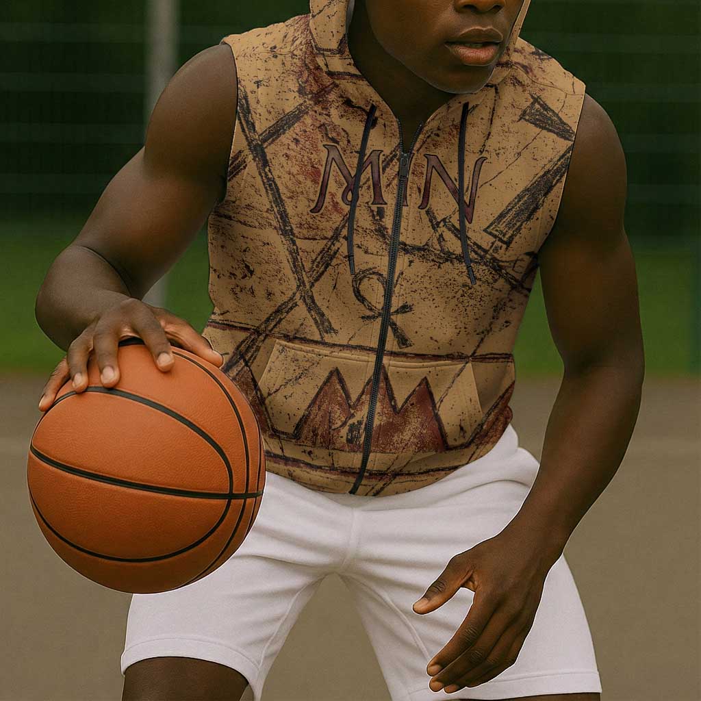 Min Ancient Egyptian Sleeveless Zip Hoodie Fertility Symbol Sandstone Ankh Pyramid Pattern