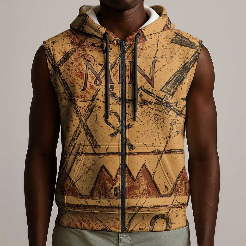 Min Ancient Egyptian Sleeveless Zip Hoodie Fertility Symbol Sandstone Ankh Pyramid Pattern