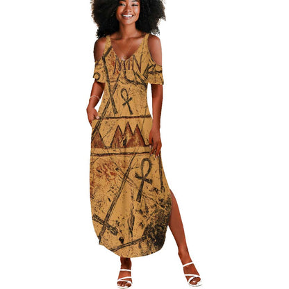Min Ancient Egyptian Summer Maxi Dress Fertility Symbol Sandstone Ankh Pyramid Pattern