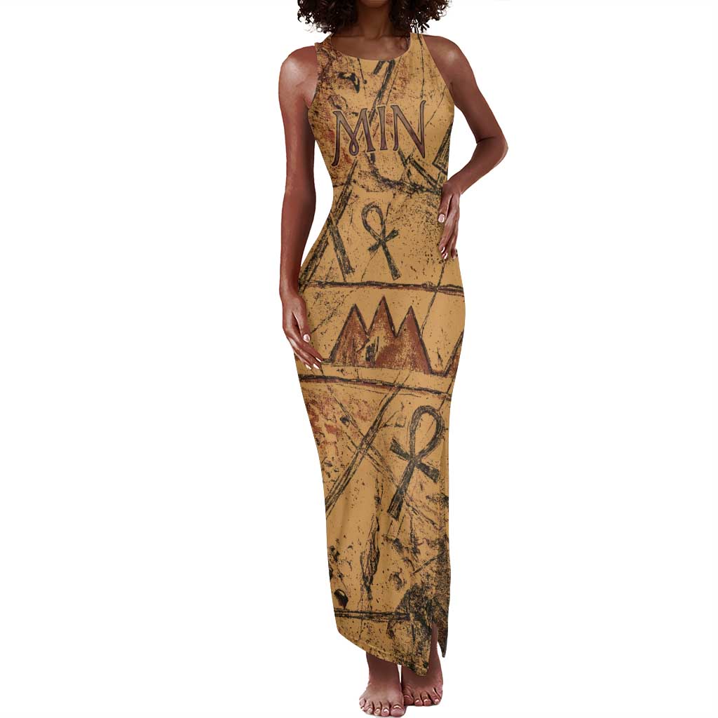 Min Ancient Egyptian Tank Maxi Dress Fertility Symbol Sandstone Ankh Pyramid Pattern