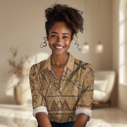 Min Ancient Egyptian Women Casual Shirt Fertility Symbol Sandstone Ankh Pyramid Pattern