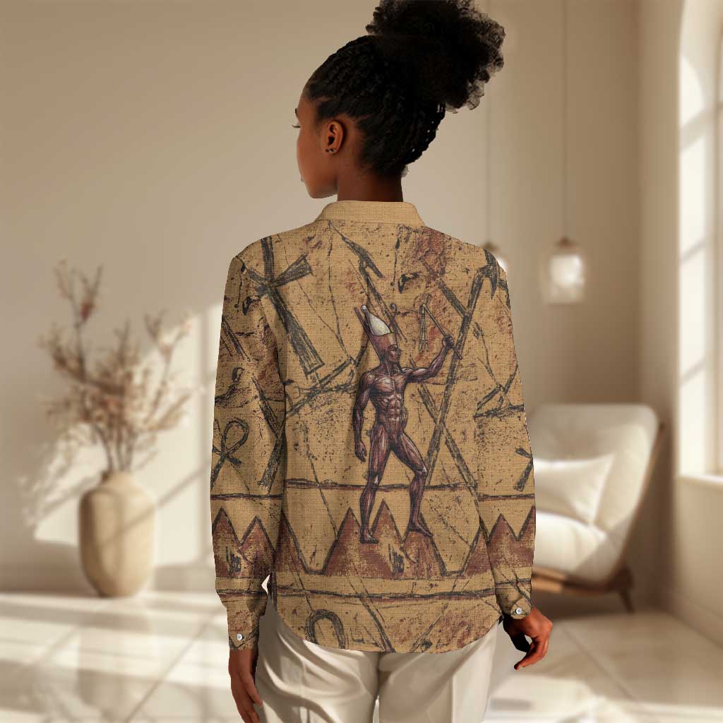 Min Ancient Egyptian Women Casual Shirt Fertility Symbol Sandstone Ankh Pyramid Pattern