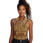 Min Ancient Egyptian Women Sleeveless Polo Shirt Fertility Symbol Sandstone Ankh Pyramid Pattern