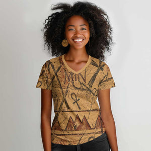 Min Ancient Egyptian Women V-Neck T-Shirt Fertility Symbol Sandstone Ankh Pyramid Pattern