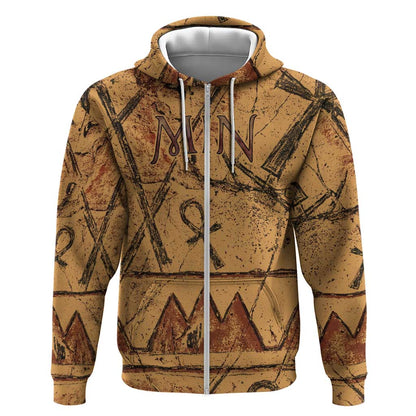 Min Ancient Egyptian Zip Hoodie Fertility Symbol Sandstone Ankh Pyramid Pattern