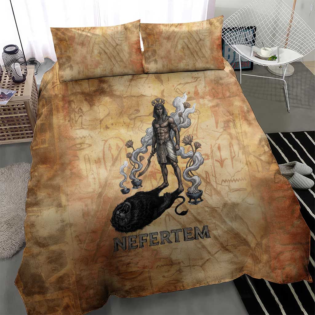 Nefertem Ancient Egyptian Bedding Set Lion Head Lotus Flowers Incense Smoke Ancient
