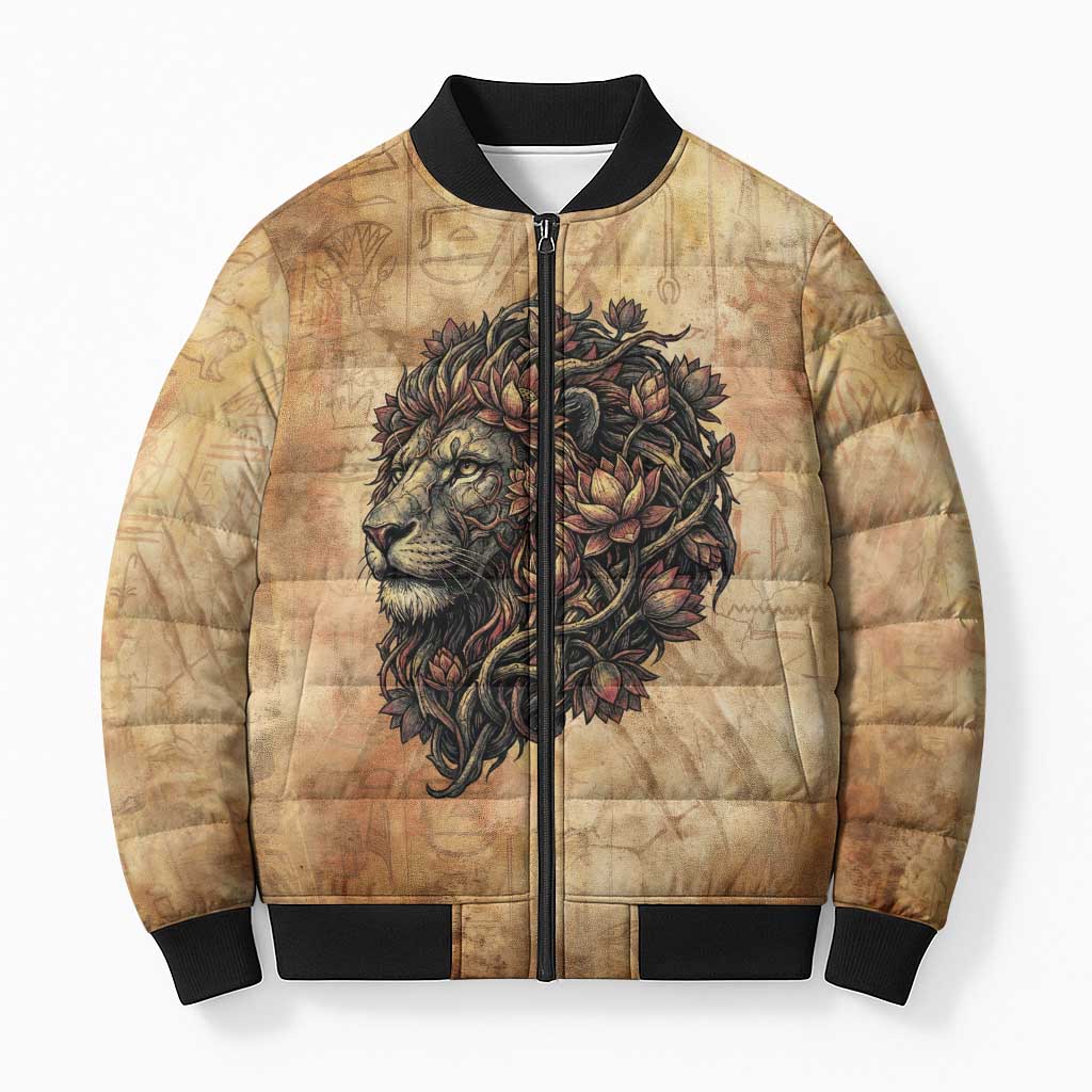 Nefertem Ancient Egyptian Bomber Puffer Jacket Lion Head Lotus Flowers Incense Smoke Ancient