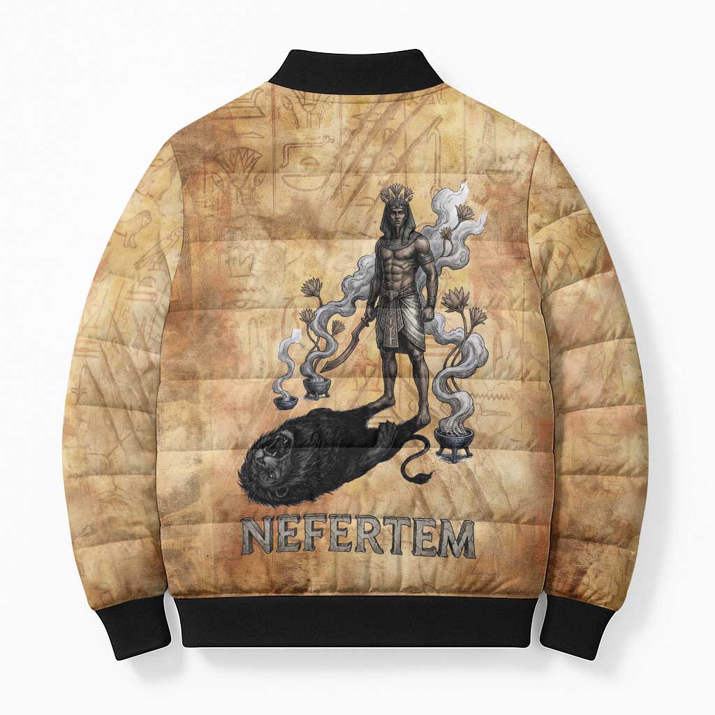 Nefertem Ancient Egyptian Bomber Puffer Jacket Lion Head Lotus Flowers Incense Smoke Ancient