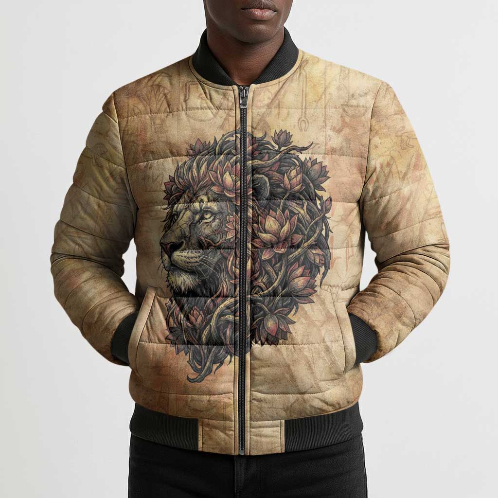 Nefertem Ancient Egyptian Bomber Puffer Jacket Lion Head Lotus Flowers Incense Smoke Ancient