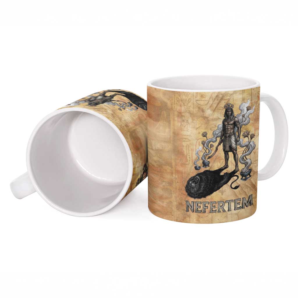 Nefertem Ancient Egyptian Ceramic Mug Lion Head Lotus Flowers Incense Smoke Ancient