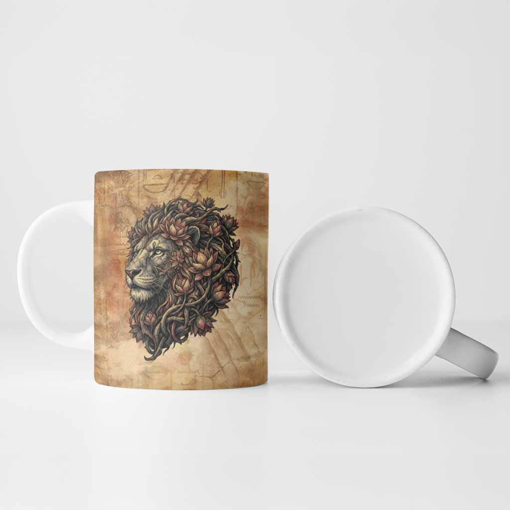 Nefertem Ancient Egyptian Ceramic Mug Lion Head Lotus Flowers Incense Smoke Ancient