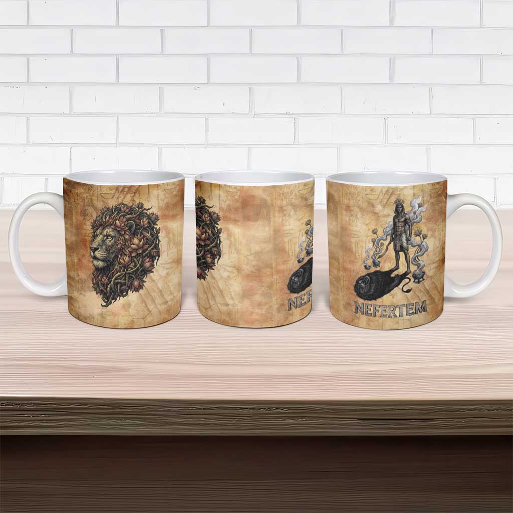Nefertem Ancient Egyptian Ceramic Mug Lion Head Lotus Flowers Incense Smoke Ancient