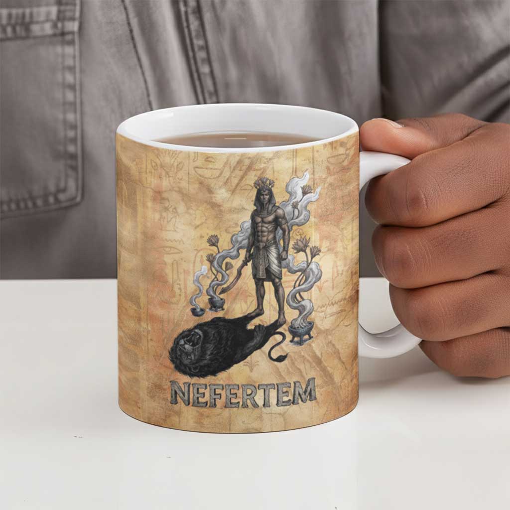Nefertem Ancient Egyptian Ceramic Mug Lion Head Lotus Flowers Incense Smoke Ancient