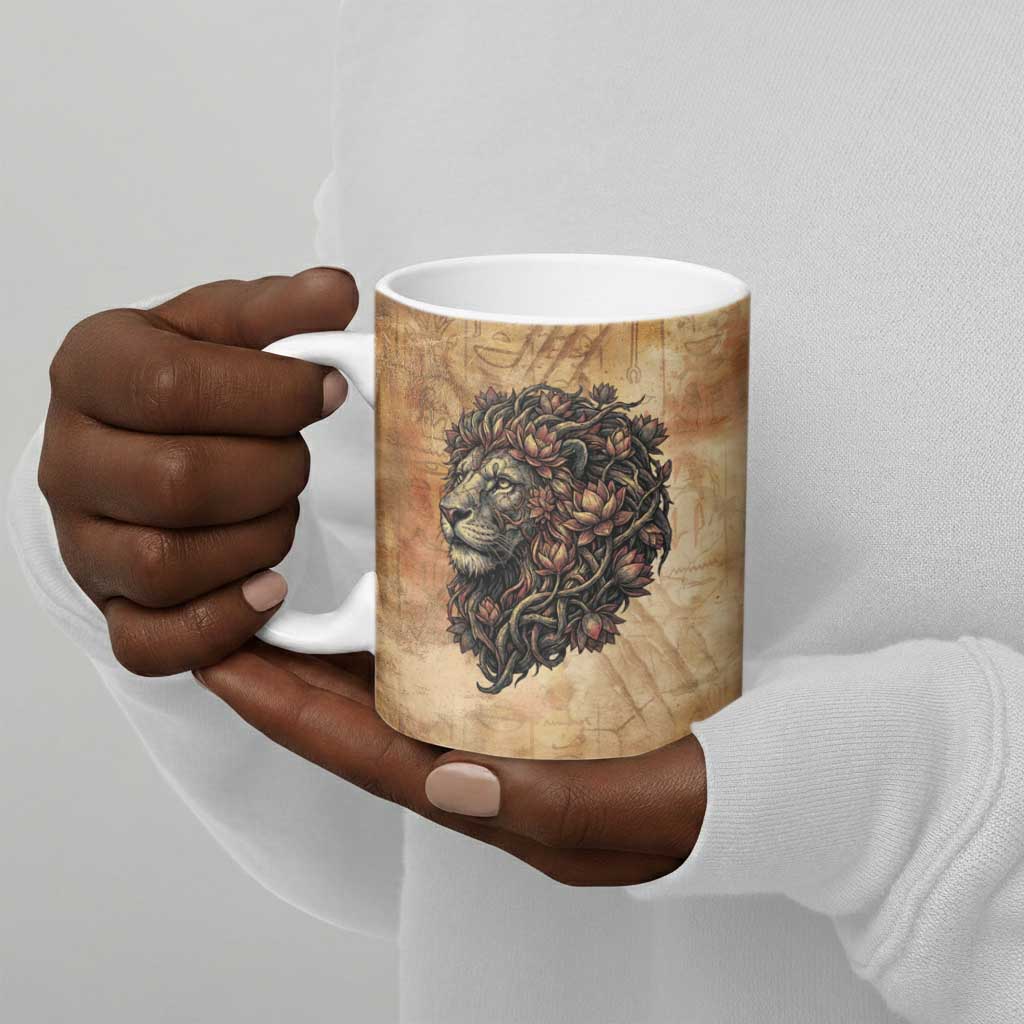 Nefertem Ancient Egyptian Ceramic Mug Lion Head Lotus Flowers Incense Smoke Ancient