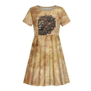 Nefertem Ancient Egyptian Kid Short Sleeve Dress Lion Head Lotus Flowers Incense Smoke Ancient