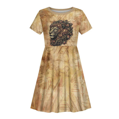 Nefertem Ancient Egyptian Kid Short Sleeve Dress Lion Head Lotus Flowers Incense Smoke Ancient