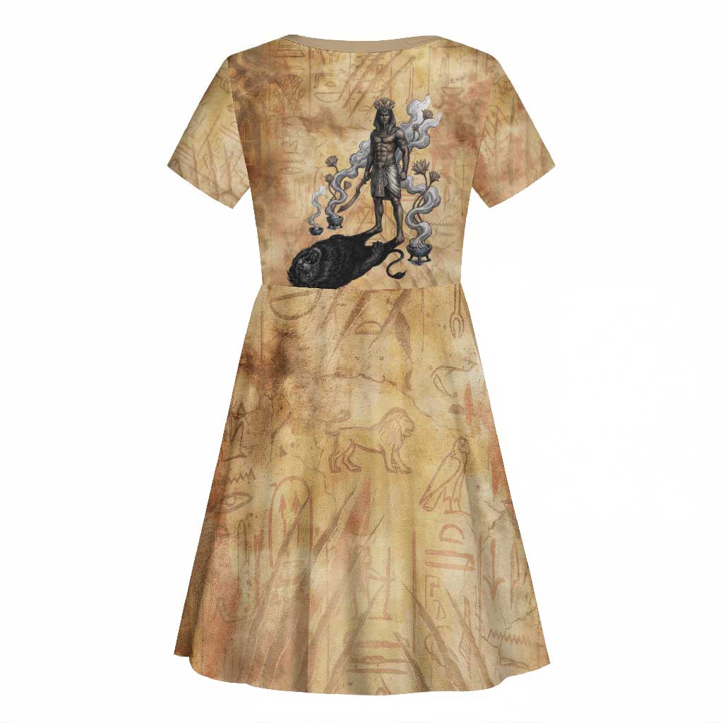 Nefertem Ancient Egyptian Kid Short Sleeve Dress Lion Head Lotus Flowers Incense Smoke Ancient