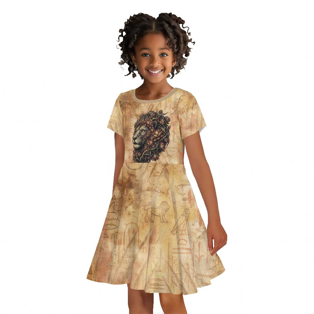 Nefertem Ancient Egyptian Kid Short Sleeve Dress Lion Head Lotus Flowers Incense Smoke Ancient