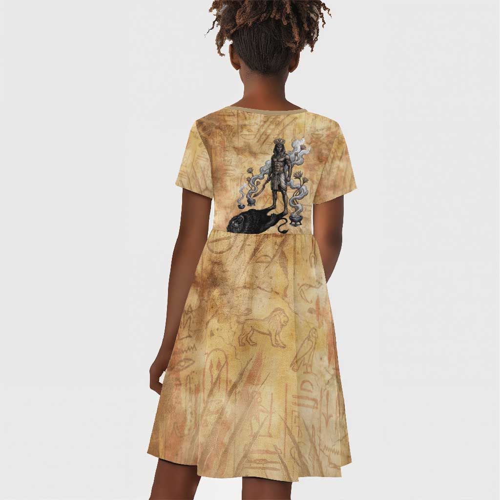 Nefertem Ancient Egyptian Kid Short Sleeve Dress Lion Head Lotus Flowers Incense Smoke Ancient