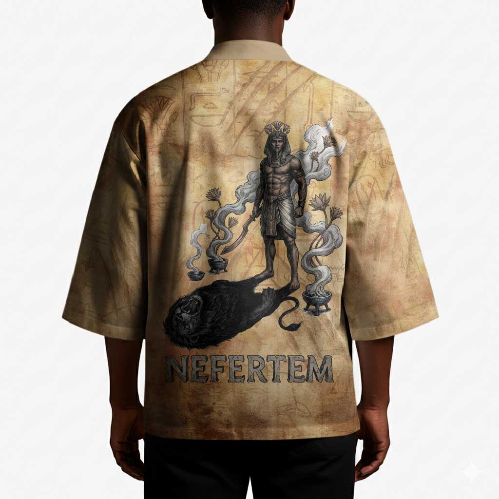 Nefertem Ancient Egyptian Kimono Lion Head Lotus Flowers Incense Smoke Ancient
