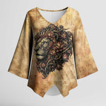 Nefertem Ancient Egyptian Kimono Sleeve Blouse Lion Head Lotus Flowers Incense Smoke Ancient