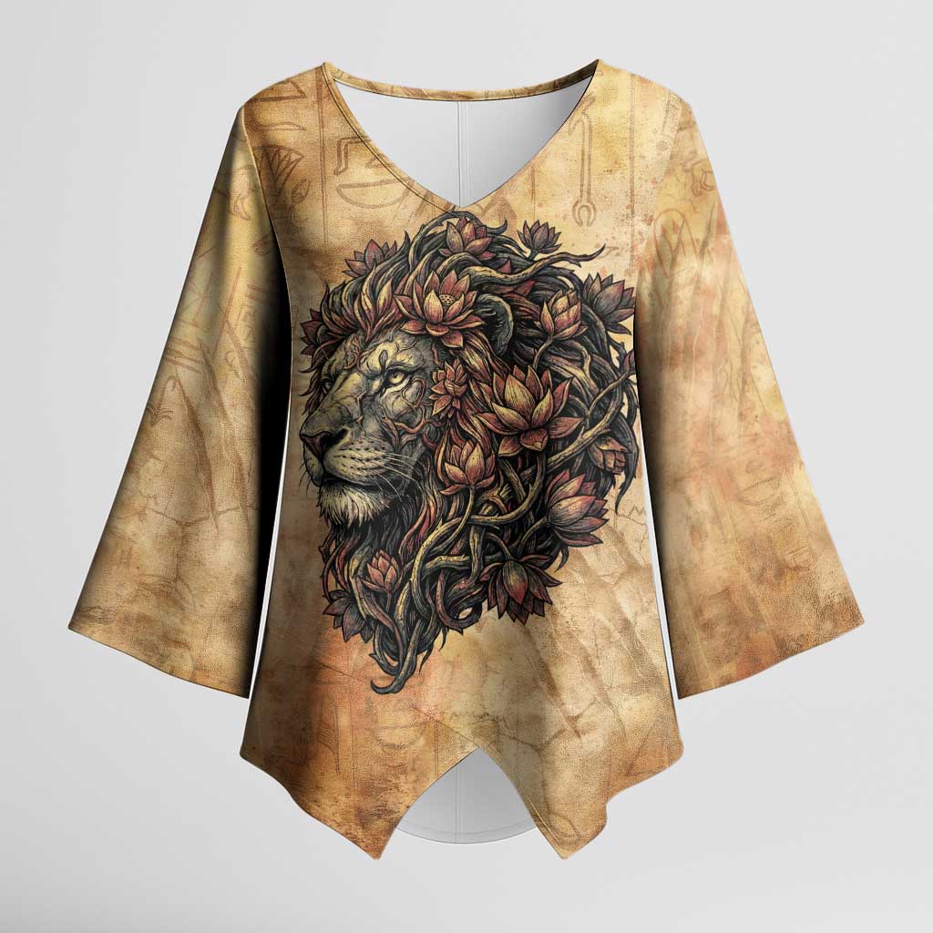 Nefertem Ancient Egyptian Kimono Sleeve Blouse Lion Head Lotus Flowers Incense Smoke Ancient