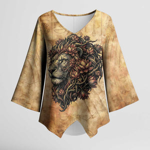 Nefertem Ancient Egyptian Kimono Sleeve Blouse Lion Head Lotus Flowers Incense Smoke Ancient