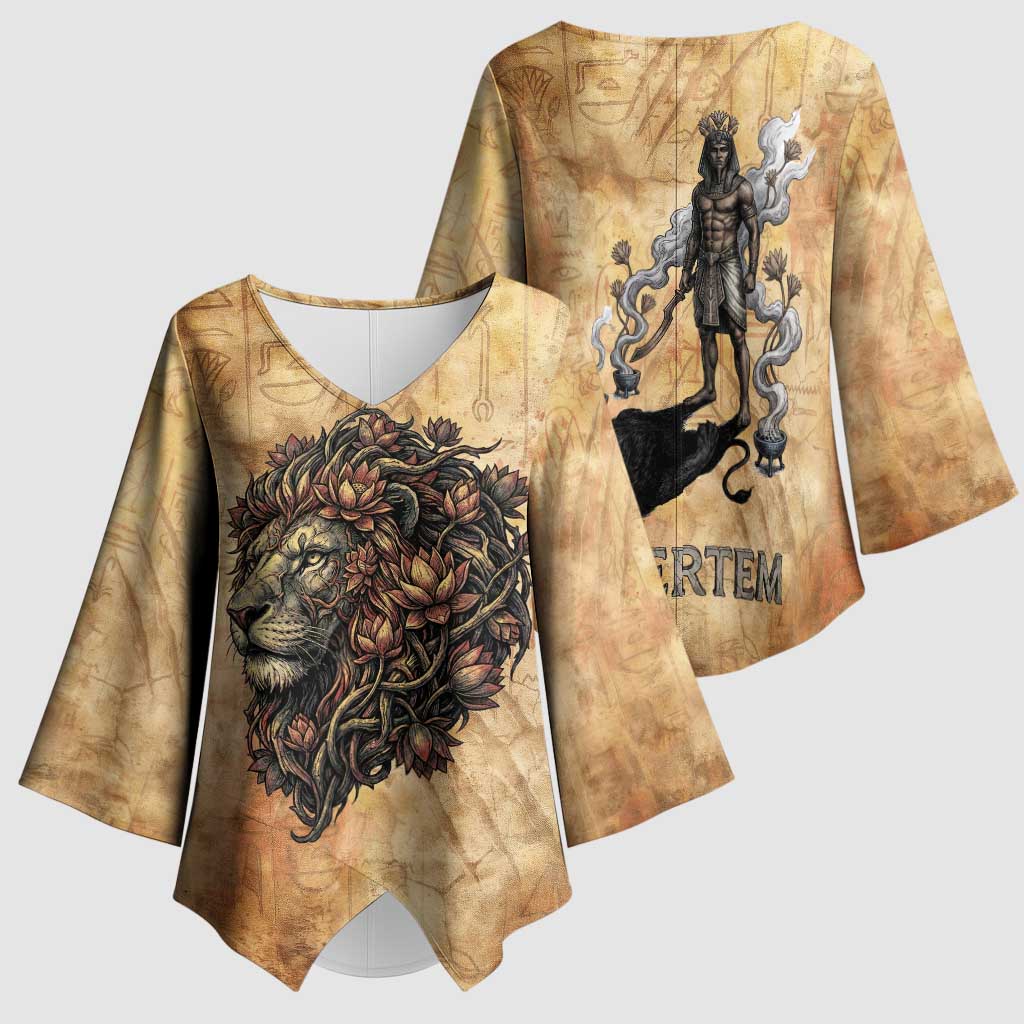 Nefertem Ancient Egyptian Kimono Sleeve Blouse Lion Head Lotus Flowers Incense Smoke Ancient