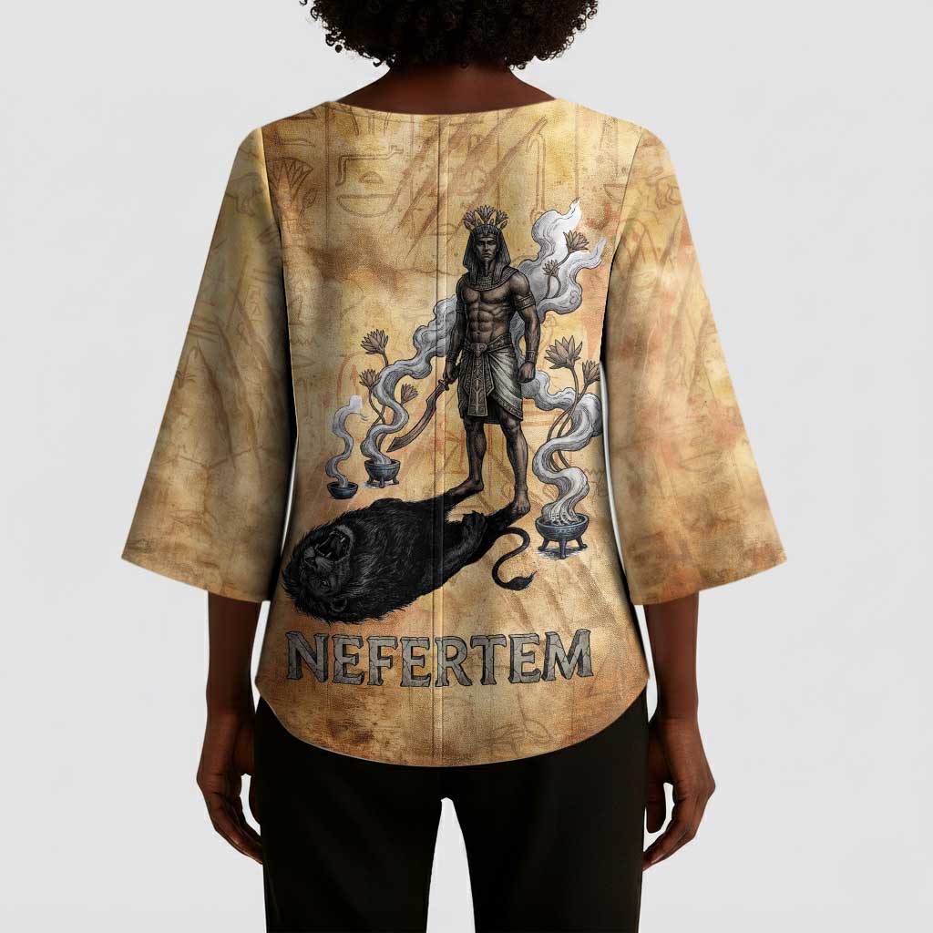 Nefertem Ancient Egyptian Kimono Sleeve Blouse Lion Head Lotus Flowers Incense Smoke Ancient