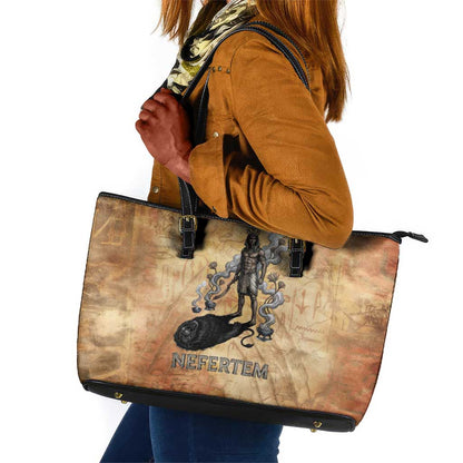 Nefertem Ancient Egyptian Leather Tote Bag Lion Head Lotus Flowers Incense Smoke Ancient