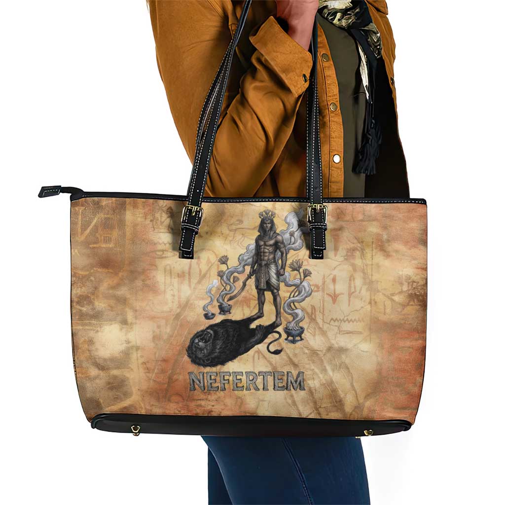 Nefertem Ancient Egyptian Leather Tote Bag Lion Head Lotus Flowers Incense Smoke Ancient