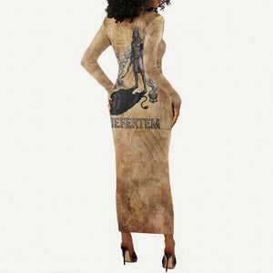 Nefertem Ancient Egyptian Long Sleeve Bodycon Dress Lion Head Lotus Flowers Incense Smoke Ancient