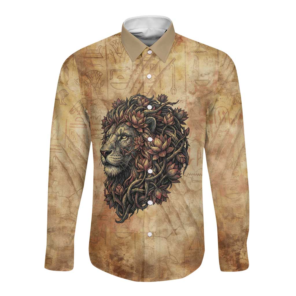 Nefertem Ancient Egyptian Long Sleeve Button Shirt Lion Head Lotus Flowers Incense Smoke Ancient