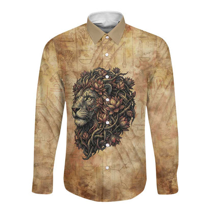 Nefertem Ancient Egyptian Long Sleeve Button Shirt Lion Head Lotus Flowers Incense Smoke Ancient
