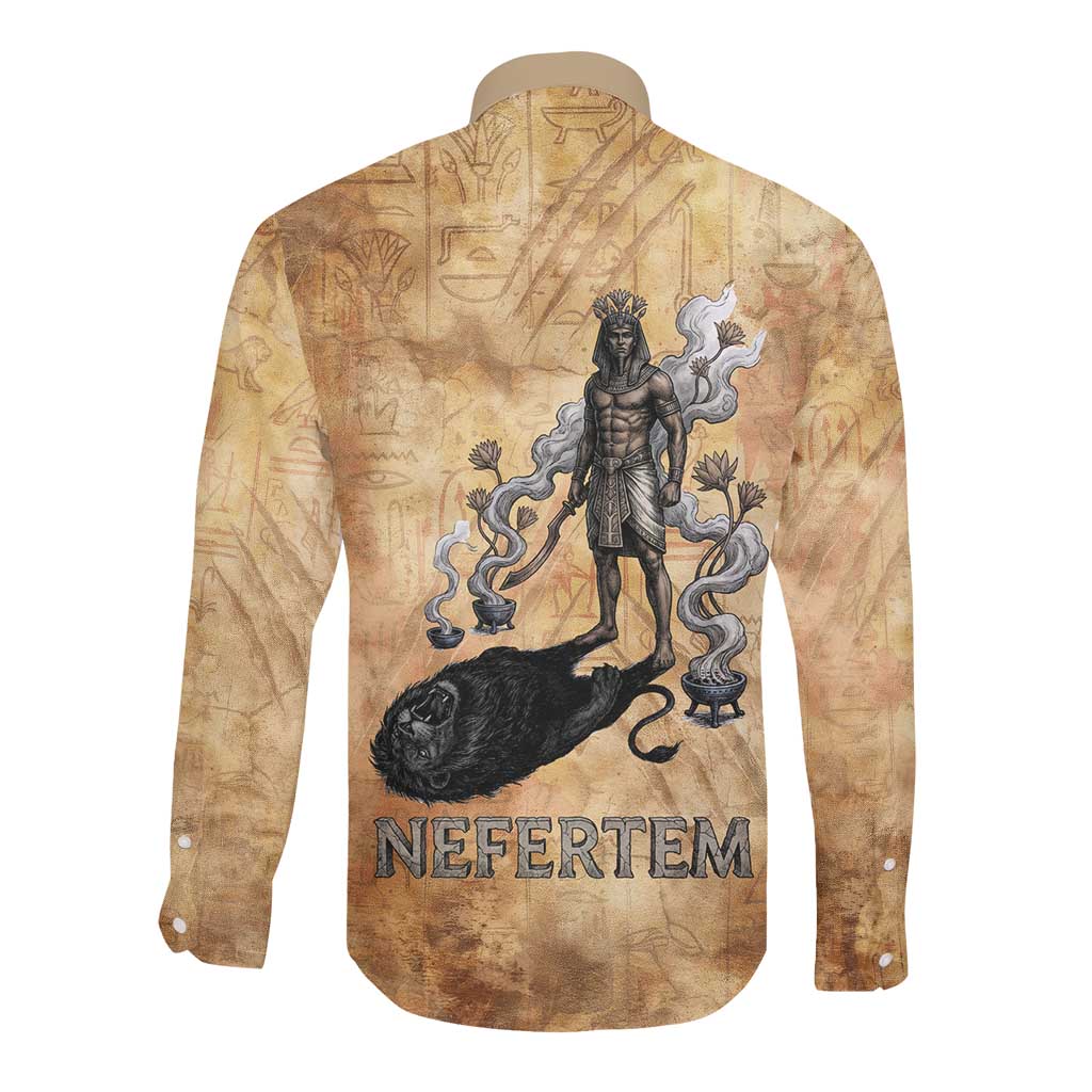 Nefertem Ancient Egyptian Long Sleeve Button Shirt Lion Head Lotus Flowers Incense Smoke Ancient