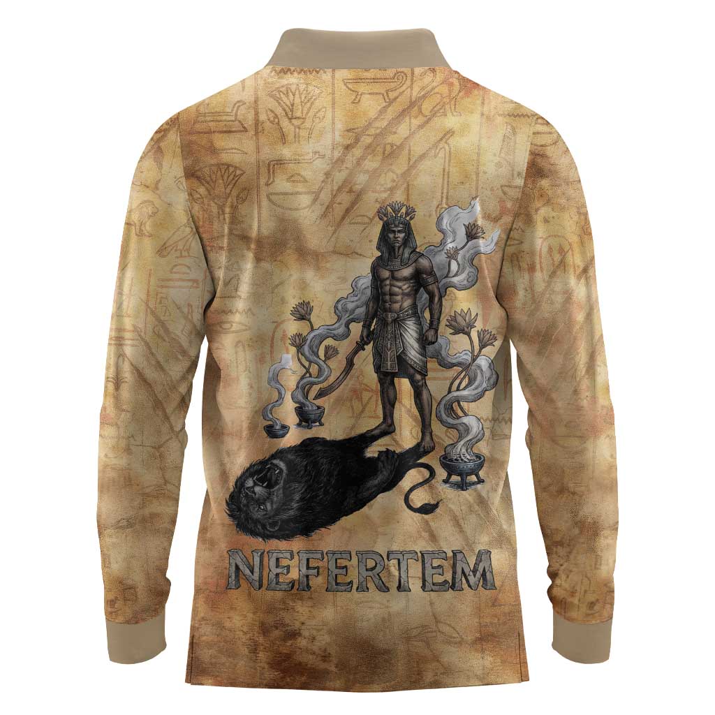 Nefertem Ancient Egyptian Long Sleeve Polo Shirt Lion Head Lotus Flowers Incense Smoke Ancient