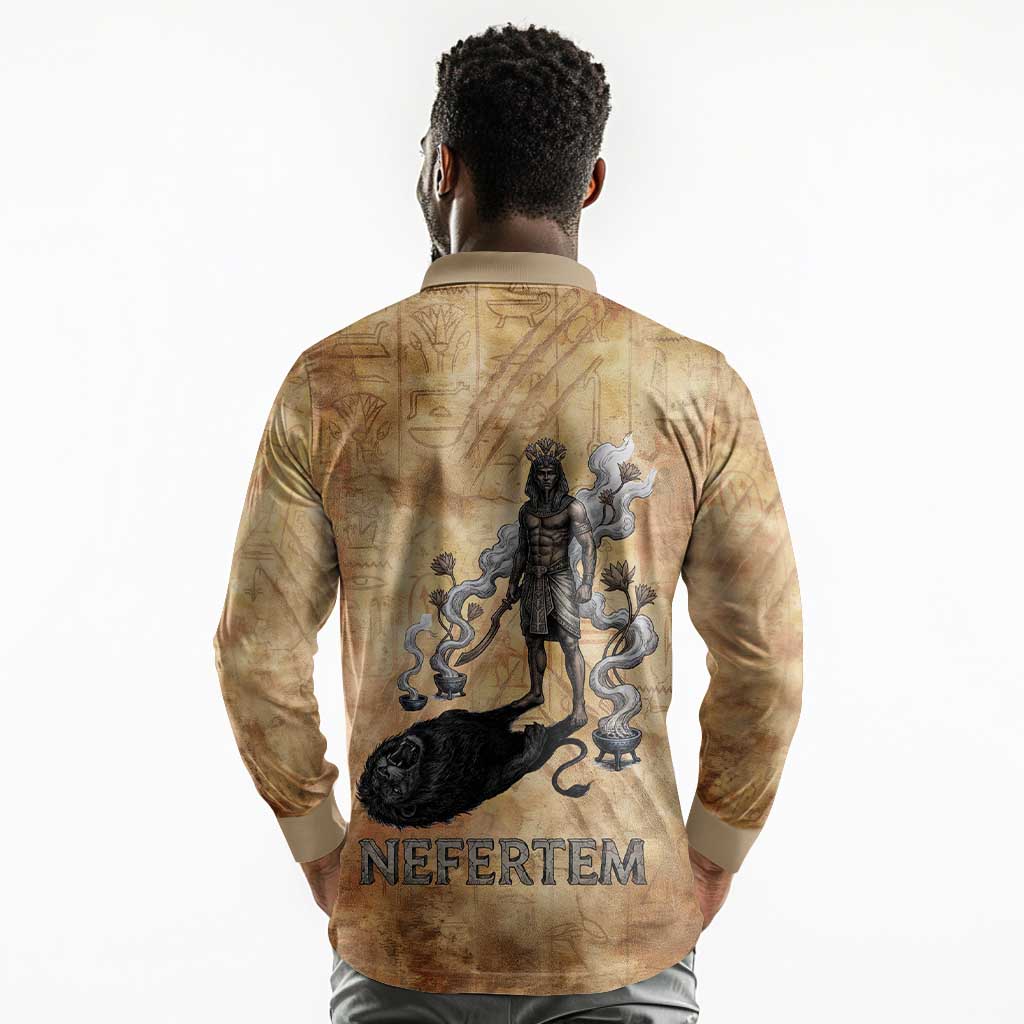 Nefertem Ancient Egyptian Long Sleeve Polo Shirt Lion Head Lotus Flowers Incense Smoke Ancient