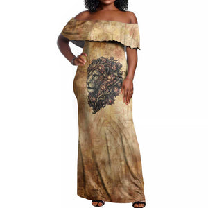 Nefertem Ancient Egyptian Off Shoulder Maxi Dress Lion Head Lotus Flowers Incense Smoke Ancient