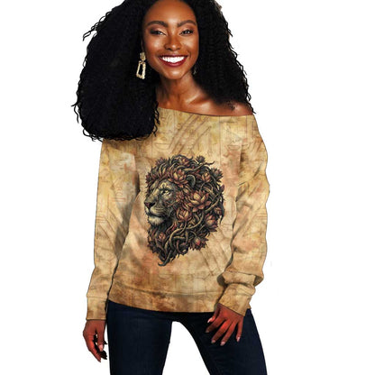 Nefertem Ancient Egyptian Off Shoulder Sweater Lion Head Lotus Flowers Incense Smoke Ancient