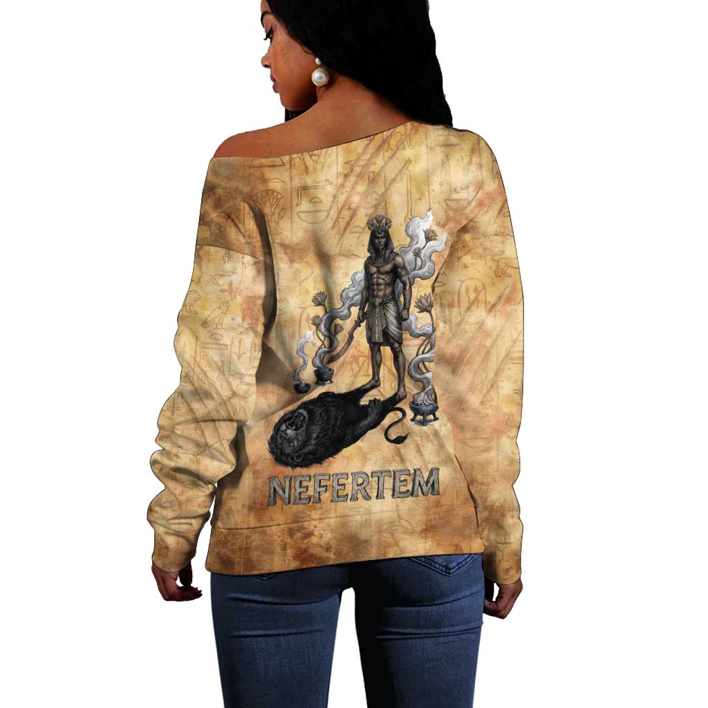 Nefertem Ancient Egyptian Off Shoulder Sweater Lion Head Lotus Flowers Incense Smoke Ancient