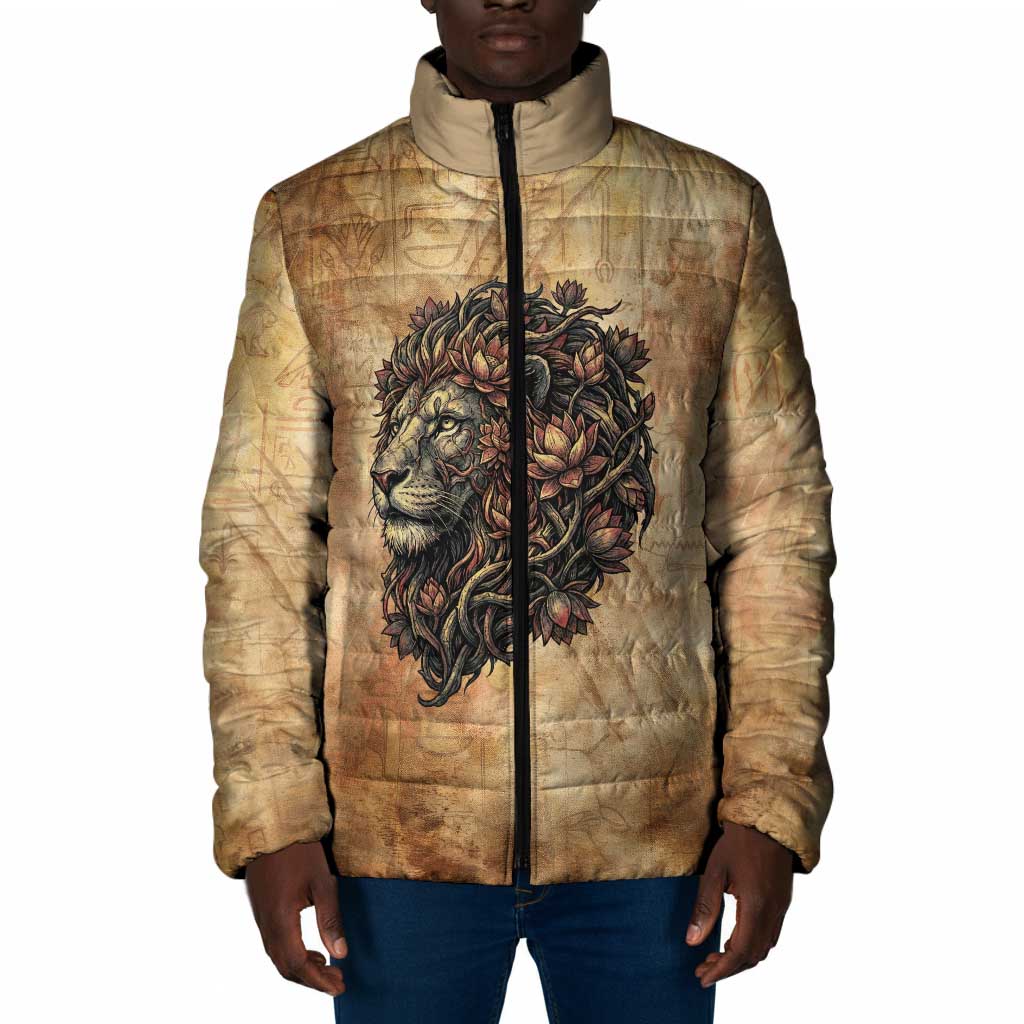 Nefertem Ancient Egyptian Padded Jacket Lion Head Lotus Flowers Incense Smoke Ancient