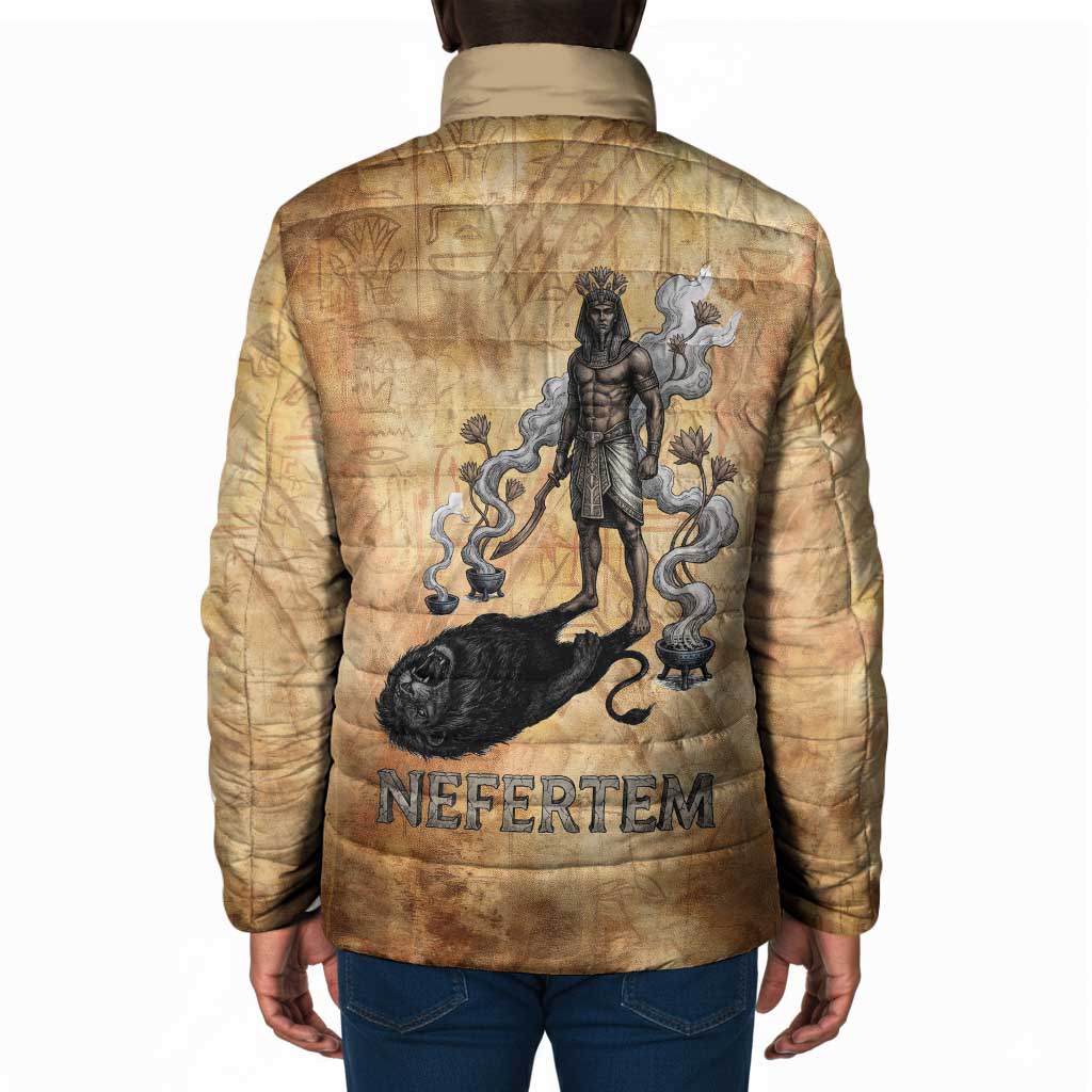 Nefertem Ancient Egyptian Padded Jacket Lion Head Lotus Flowers Incense Smoke Ancient