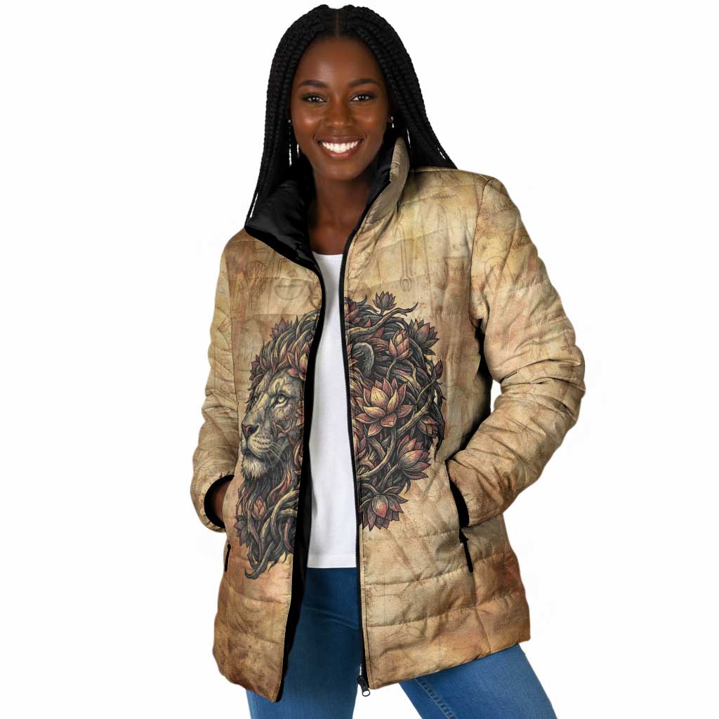 Nefertem Ancient Egyptian Padded Jacket Lion Head Lotus Flowers Incense Smoke Ancient